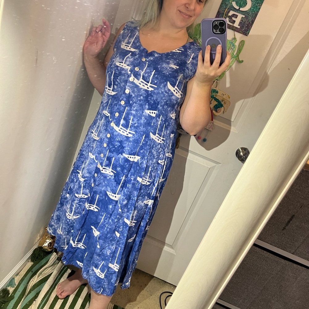 NAUTICAL BOATING SAILING DRESS BLUE SO CUTE MISSING BUTTON! M MEDIUM VGUC MEDIUM